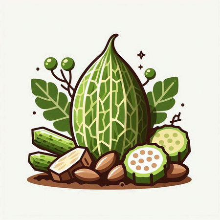 Cucumber and melon with green leaves. Vector illustration.のイラスト素材