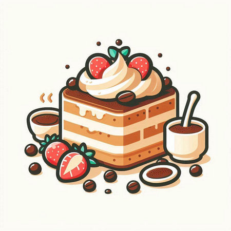 Cake with cream, strawberries and coffee beans. Vector illustration.のイラスト素材