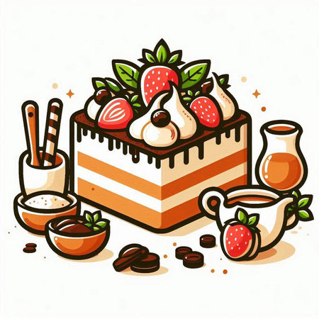 Vector illustration of a cake with strawberries, cream, coffee and coffee beansのイラスト素材