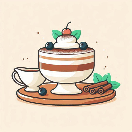 Cup of coffee with whipped cream and berries. Vector illustration.のイラスト素材