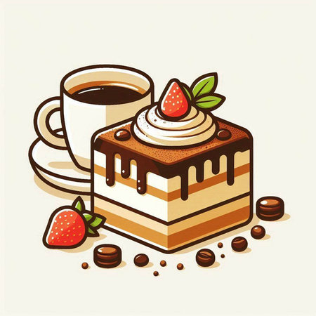cup of coffee and cake with cream and strawberries, vector illustration.のイラスト素材