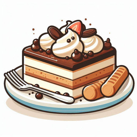 Illustration of a piece of cake with whipped cream and chocolate.のイラスト素材