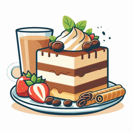 Vector illustration of a piece of cake and a glass of coffee.のイラスト素材