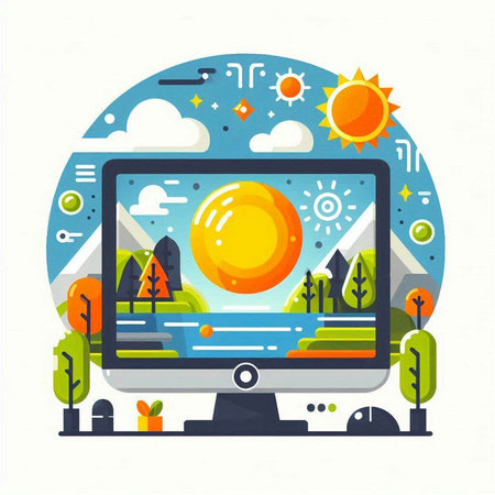 Vector illustration of a flat design of a computer monitor with a sun on the screen.のイラスト素材