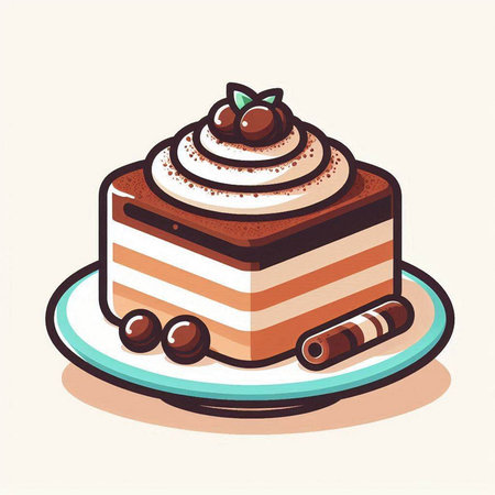 Vector illustration of chocolate cake with whipped cream and cherry on top.のイラスト素材