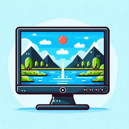 Computer monitor with nature landscape. Vector illustration in flat cartoon style.のイラスト素材