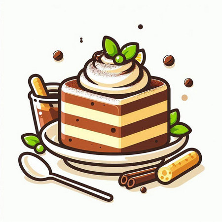 Piece of cake with whipped cream and cinnamon. Vector illustration.のイラスト素材