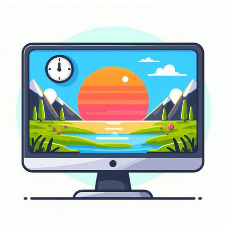 Vector illustration of a flat design of a monitor with a picture of a sunset on the screen.のイラスト素材