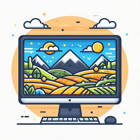 Colorful vector illustration of a monitor with nature landscape on the screen.のイラスト素材
