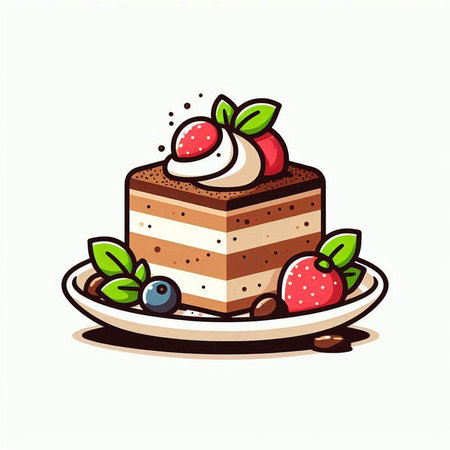 Piece of chocolate cake with whipped cream and berries. Vector illustrationのイラスト素材