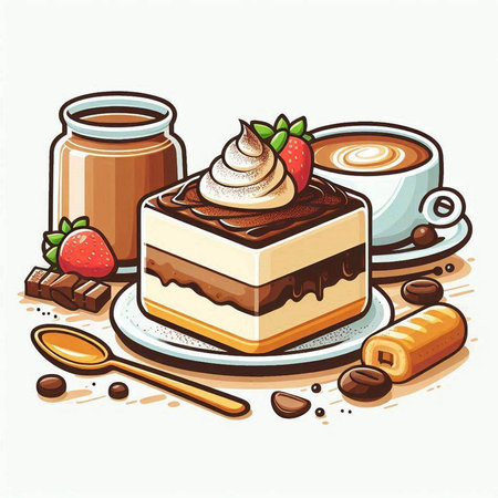 Coffee and cake with cream and strawberries. Vector illustration.のイラスト素材