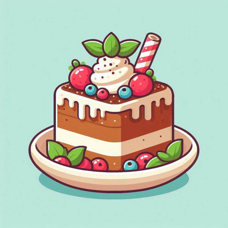 Cake with cream and berries. Vector illustration in cartoon style.のイラスト素材