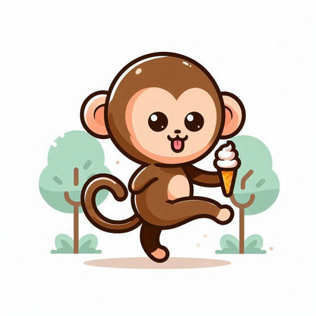 Cute monkey with ice cream in the forest. Vector illustration.のイラスト素材