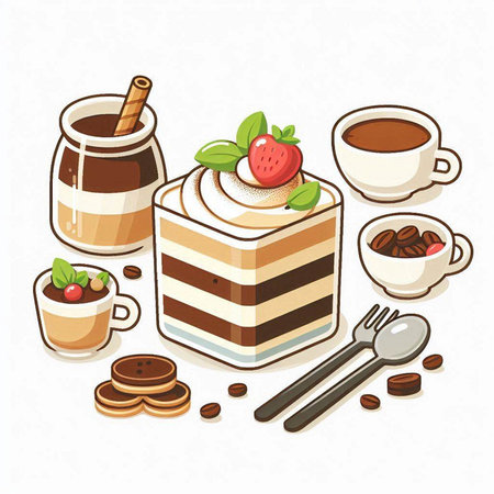 Coffee and desserts set. Hand drawn vector illustration in cartoon style.のイラスト素材