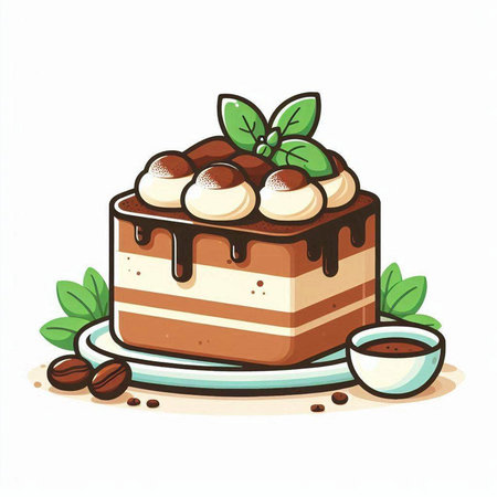 Illustration of a chocolate cake with mint leaves and cup of coffeeのイラスト素材