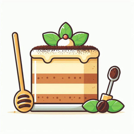 Piece of tiramisu cake and wooden spoon. Vector illustration.のイラスト素材