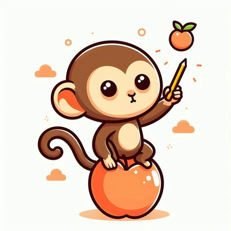 Cute cartoon monkey holding a pencil and apple. Vector illustration.のイラスト素材