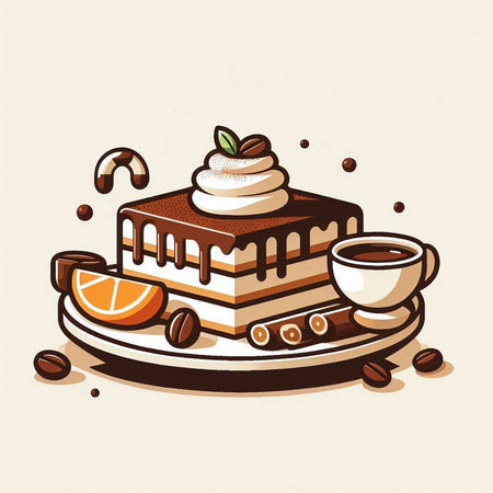 Vector illustration of a piece of cake with whipped cream and coffee beansのイラスト素材