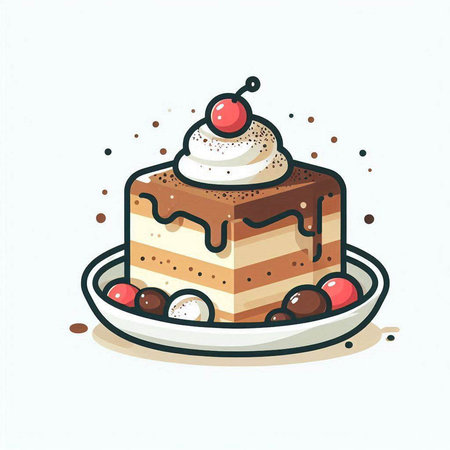 Vector illustration of a piece of cake with cherries and cream.のイラスト素材