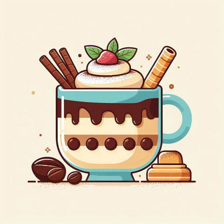 Cup of coffee with whipped cream and chocolate. Vector illustration.のイラスト素材