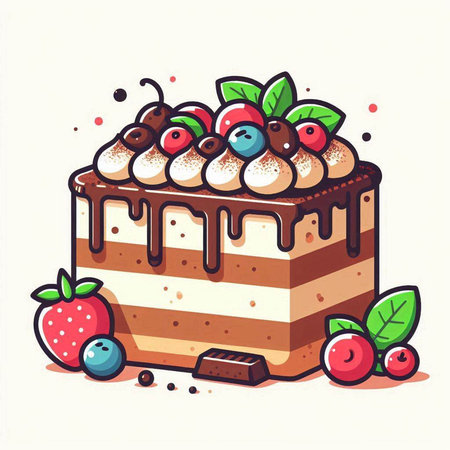 Cake with cherries. Vector illustration of a piece of cake.のイラスト素材