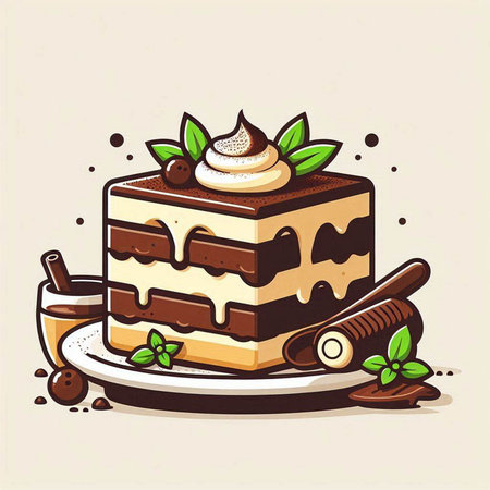 Piece of chocolate cake with cream and cinnamon. Vector illustration.のイラスト素材