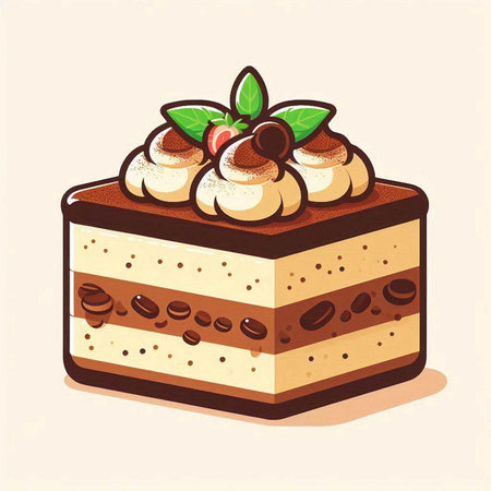Illustration of a tiramisu cake with cherry and mint.のイラスト素材