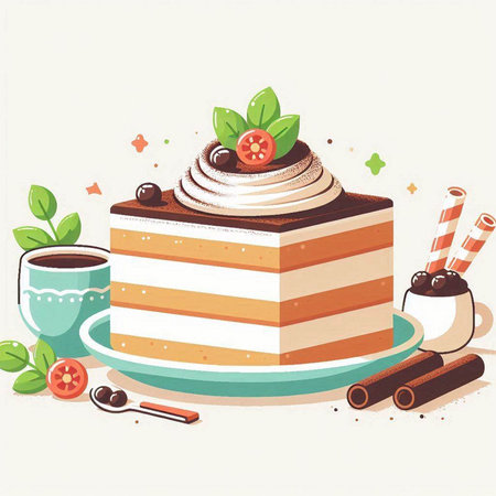 Vector illustration of a piece of cake with cream and cherry on topのイラスト素材