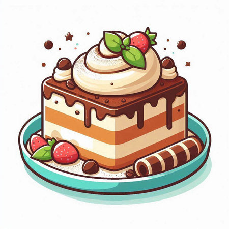 Vector illustration of a chocolate cake with whipped cream and strawberries on a plateのイラスト素材