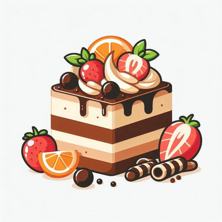Vector illustration of a chocolate cake with strawberries and oranges on a white backgroundのイラスト素材