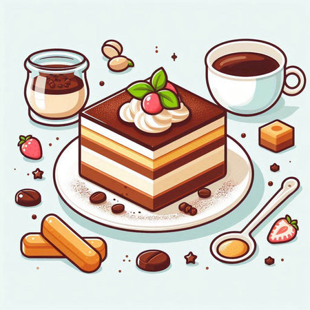 Piece of cake with cream, coffee beans, cinnamon and mint leaves. Vector illustration.のイラスト素材