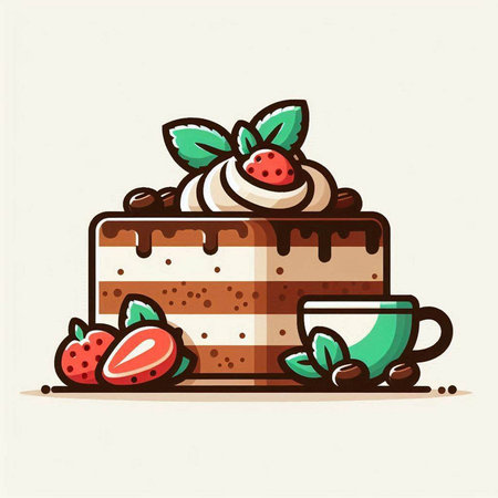 Vector illustration of chocolate cake with strawberries, cup of coffee and mint.のイラスト素材