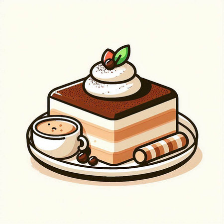 vector illustration of tiramisu cake with whipped cream and coffee cupのイラスト素材