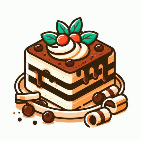 Piece of cake with whipped cream and cherry on a white backgroundのイラスト素材