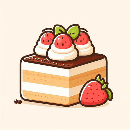 Illustration of a piece of cake with strawberries on a light backgroundのイラスト素材
