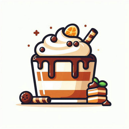 Cupcake with whipped cream, orange and cinnamon. Vector illustration.のイラスト素材