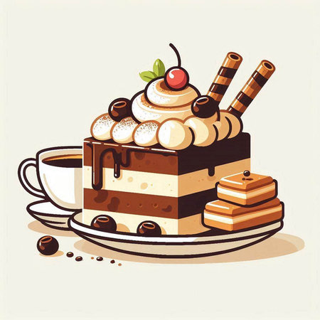 vector illustration of a chocolate cake with whipped cream and cherry on topのイラスト素材