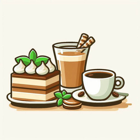 Coffee cup and cake on white background. Vector illustration.のイラスト素材