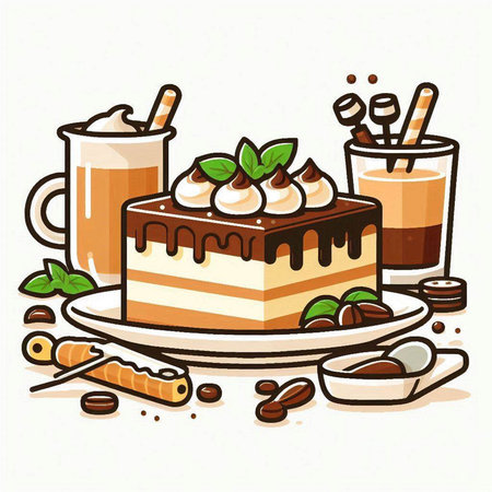 Coffee and cake with whipped cream and chocolate, vector illustrationのイラスト素材