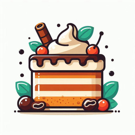 Cake with whipped cream, cherries and cinnamon. Vector illustration.のイラスト素材