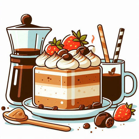 Illustration of a coffee and chocolate cake with whipped cream and strawberriesのイラスト素材