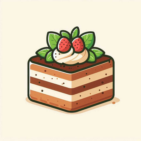 Cake icon. Vector illustration of a piece of cake with cream and strawberries.のイラスト素材