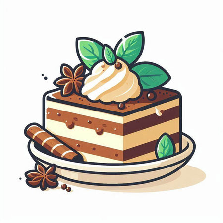 Piece of cake with whipped cream and mint leaves. Vector illustration.のイラスト素材