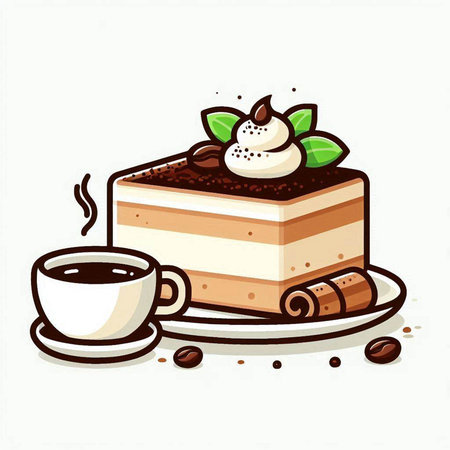 Illustration of a piece of cake and a cup of coffee on a white backgroundのイラスト素材