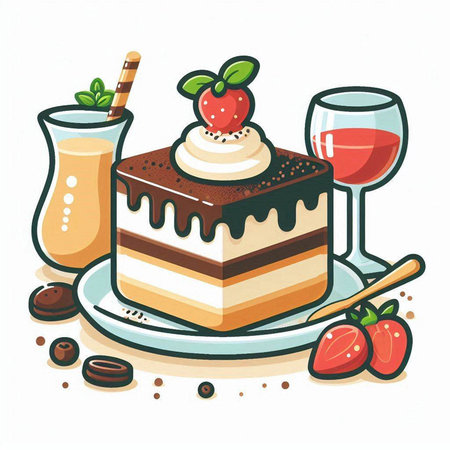 Vector illustration of a chocolate cake with strawberries and two glasses of juiceのイラスト素材
