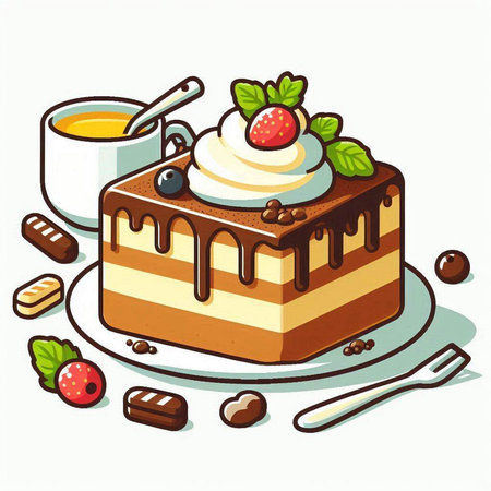 Illustration of a piece of cake with cream and berries on a white backgroundのイラスト素材