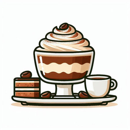 Coffee cup with whipped cream and chocolate cake. Vector illustration.のイラスト素材