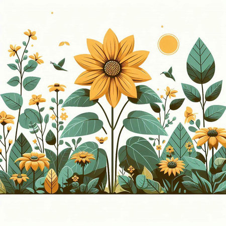 Flower background with sunflowers and leaves. Vector illustration.のイラスト素材