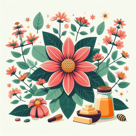 Spa background with flowers, natural cosmetics and honey. Vector illustration.のイラスト素材