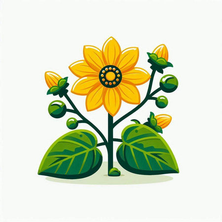 cute yellow flower with green leaves on white background, vector illustrationのイラスト素材